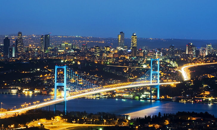 橋、ボスポラス橋、ボスポラス海峡、イスタンブール、夜、トルコ、 HDデスクトップの壁紙