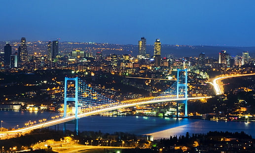 Мостове, Босфорски мост, Босфор, Истанбул, Нощ, Турция, HD тапет HD wallpaper