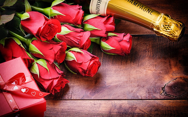 Свети Валентин, романтично, роза, шампанско, Валентин, ден, романтично, роза, шампанско, HD тапет