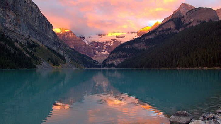 Cuerpo de agua, paisaje, Canadá, naturaleza, montañas, luz solar, Fondo de pantalla HD