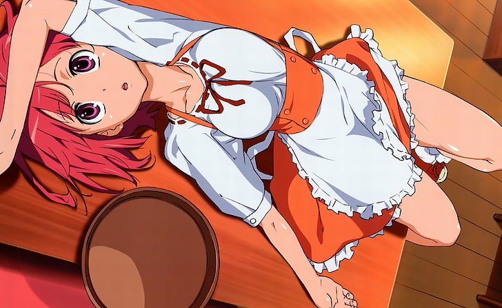 Торадора! Kushieda Minori, червенокосо момиче аниме герой, лежащ върху кафява повърхност тапет, Artistic, Anime, Minori, Kushieda, Toradora!, HD тапет