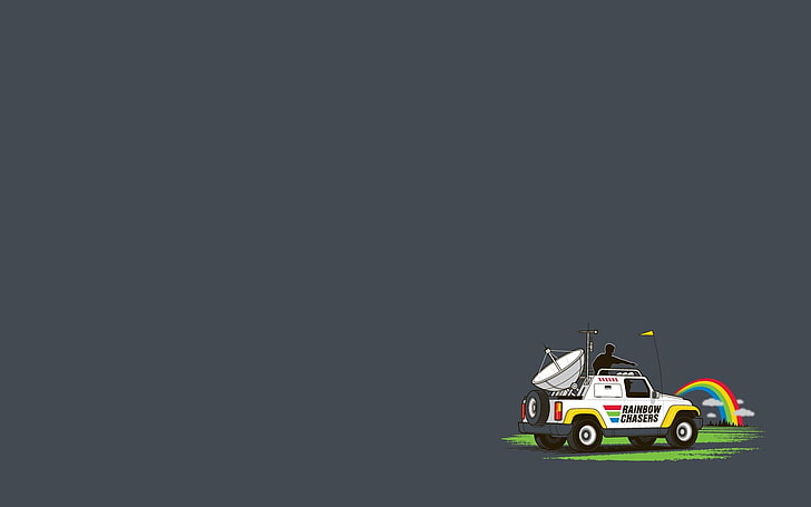 Vehículo blanco con ilustración de antena de satélite, minimalismo, humor, arco iris, fondo simple, Jeep, Fondo de pantalla HD