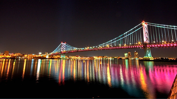 Филаделфия, мост, Пенсилвания, САЩ, мост на Бенджамин Франклин, нощ, нощни светлини, градски светлини, река Делауеър, река, отражение, отражение, HD тапет