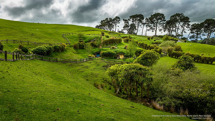 Hobbiton i Shire, nära Matamata, North Island, Nya Zeeland, Oceanien, HD tapet
