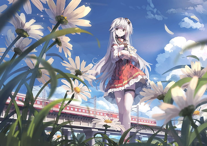 anime, beautiful, cute, flowers, girl, original, HD wallpaper