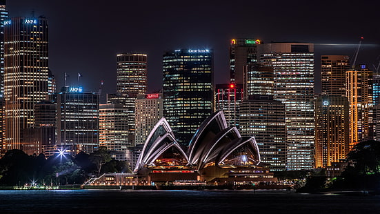 海、水、夜、都市、ライト、ラベル、通り、建物、窓、建物、家、高層ビル、夜、照明、オーストラリア、シドニー、プロムナード、メガポリス、イルミネーション、夜空、シドニーオペラハウス、オペラ家、電灯、 HDデスクトップの壁紙 HD wallpaper
