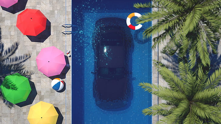 плувен басейн, кола, превозно средство, Порше, хумор, HD тапет