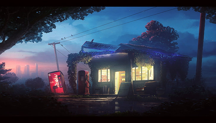 rumah cokelat di dekat pohon wallpaper, pompa bensin, malam, anime, karya seni, cyan, pink, kuning, kota, mesin penjual otomatis, merah, Wallpaper HD