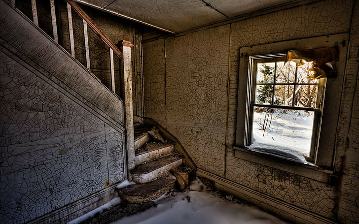 изоставен, стълби, стар, къща, прозорец, руина, HD тапет