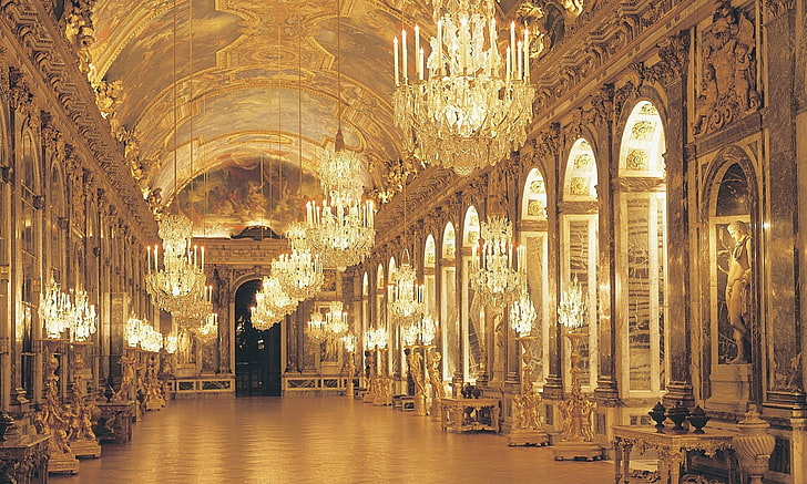 clear crystal chandelier, architecture, France, chateau, Palace of Versailles, Hall of Mirrors, HD wallpaper