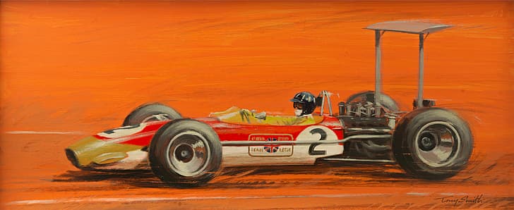 formula cars, painting, oil painting, Graham Hill, 1968 Lotus 49B High Wing, Tony Smith, artwork, HD wallpaper