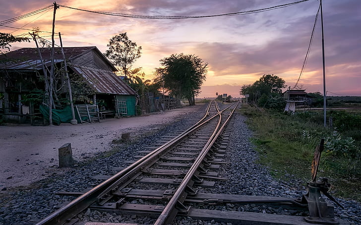 Villaggio, ferrovia, casa, crepuscolo, Cambogia, villaggio, ferrovia, casa, crepuscolo, Cambogia, Sfondo HD