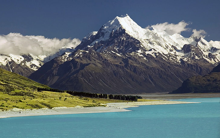 snowy mountain, mountains, New Zealand, snowy peak, lake, Lake Pukaki, landscape, Mt Cook, clouds, HD wallpaper
