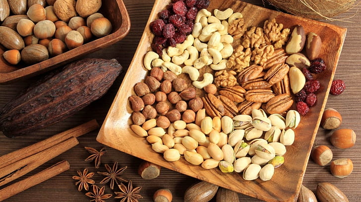 nuts, cinnamon, hazelnuts, peanuts, cocoa, spices, pistachios, star anise, pecan, HD wallpaper