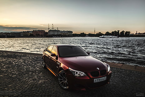 berlina rossa BMW, macchina, auto, fiume, BMW, recensione, E60, Smotra, Eric Come controllare la temperatura del motore, Sfondo HD HD wallpaper