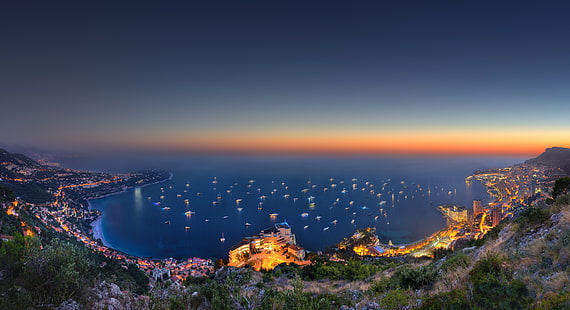 landscape, Monaco, sea, city, boat, night, HD wallpaper HD wallpaper