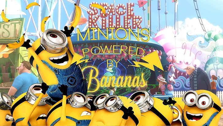 Minions fondo de pantalla, minions, Mi villano favorito, plátanos, feliz, Fondo de pantalla HD