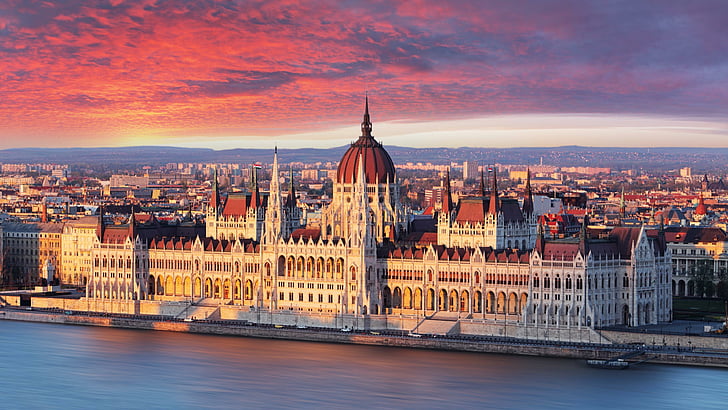 туристическа атракция, силует, градска зона, река, парламент, Дунав, Европа, вечер, Будапеща, градски пейзаж, здрач, Унгария, река Дунав, небе, залез, град, забележителност, HD тапет