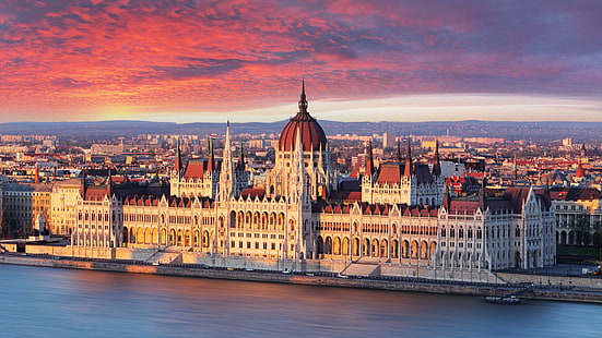 atrakcja turystyczna, panorama, obszar miejski, rzeka, parlament, Dunaj, europa, wieczór, budapeszt, pejzaż miejski, zmierzch, węgry, dunaj, niebo, zachód słońca, miasto, punkt orientacyjny, Tapety HD HD wallpaper