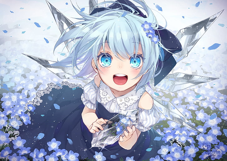 cirno, touhou, happy face, blue eyes, flowers, crystal, Anime, HD wallpaper