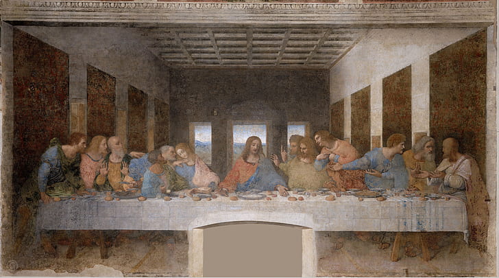 картина, стенопис, живопис, изкуство, средновековието, апостолите, Христос, Леонардо да Винчи, Тайната вечеря, HD тапет