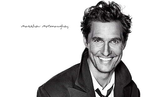 Matthew Mcconaughey, Matthew McConaughey, skådespelare, kändis, ansikte, leende, bw, HD tapet HD wallpaper
