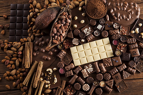 Шоколад, конфеты, сладости, еда, орехи, корица, HD обои HD wallpaper