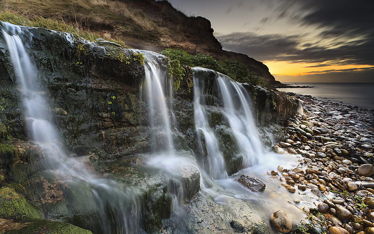 Sunset, Sunrise, Waterfall, Dorset, Jurassic Coast, Osmington Mills, HD wallpaper