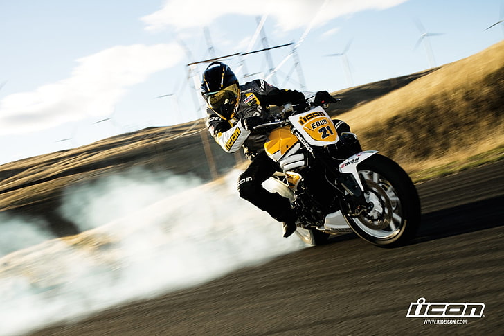 Motocicleta blanca y marrón, motocicleta, triunfo, icono, deriva, humo, vehículo, Fondo de pantalla HD
