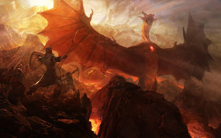 Dragon's Dogma, dragón, arte de fantasía, arte digital, alas, soldado, lucha, guerra, escudos, lanza, arquero, roca, lava, videojuegos, Fondo de pantalla HD