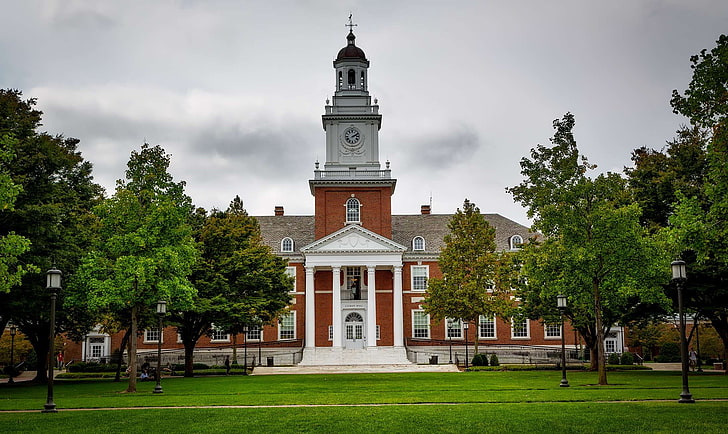 academic, baltimore, building, campus, clock tower, clouds, colleges, education, gilman hall, hdr, historical, johns hopkins university, landmark, landscape, maryland, school, sky, structure, students, universities, HD wallpaper
