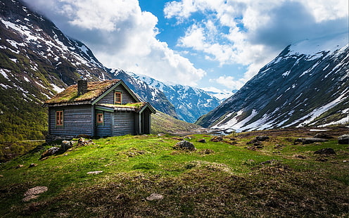 Noruega paisaje, cabaña de montaña, Noruega, Paisajes, Montaña, Choza, Fondo de pantalla HD HD wallpaper
