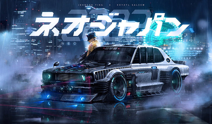 logo szarego samochodu, Khyzyl Saleem, Neo Japan 2202, samochód, science fiction, render, grafika, BMW M3 E30, cyjan, neon, światła miejskie, odbicie, Tapety HD