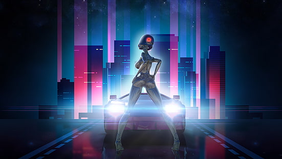 The city, Stars, The game, Robot, Neon, Machine, Light, Background, Synthpop, Darkwave, Synth, Neon Drive, Retrowave, Synthwave, Synth pop, Sfondo HD HD wallpaper