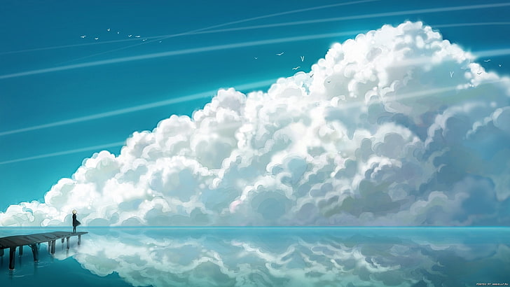 vita moln, anime, landskap, konstverk, illustration, himmel, moln, cyan, horisont, linjer, HD tapet