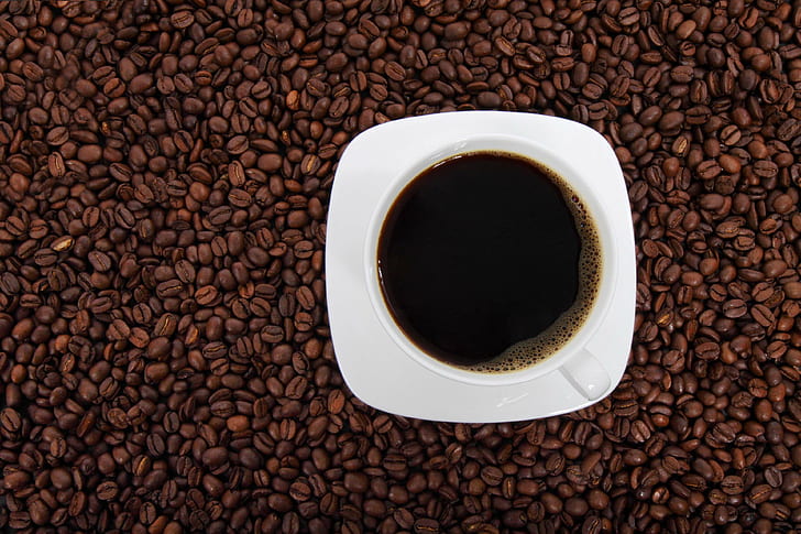 beans, beverage, black coffee, caffeine, coffee, coffee beans, coffee drink, cup, cup of coffee, drink, espresso, fresh, from above, saucer, public domain images, HD wallpaper