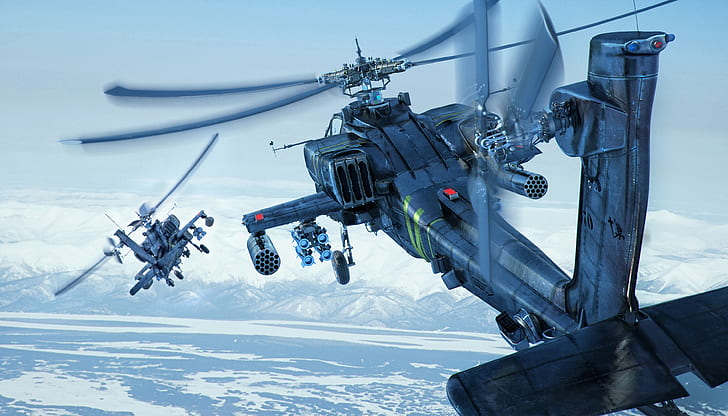 the sky, snow, mountains, earth, helicopters, Boeing, combat, Apache, AH-64D, shock, Longbow, HD wallpaper