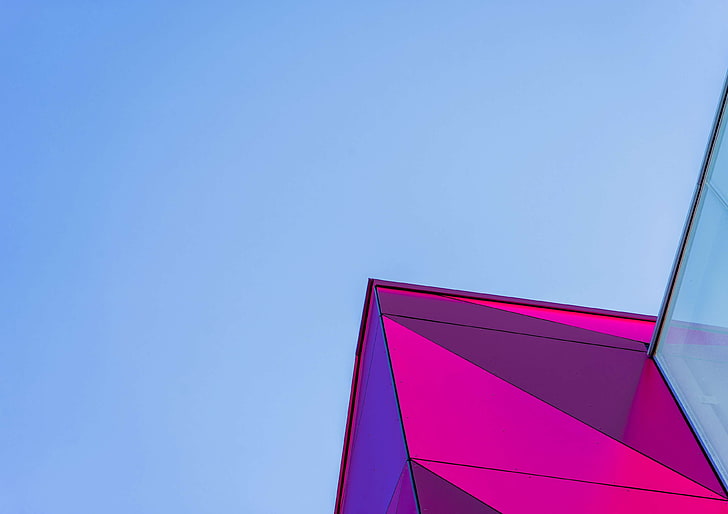 abstract, architectural, architecture, art, blue sky, bright, building, city, color, contemporary, design, futuristic, geometric, glass, lines, pattern, pink, red, shape, urban, HD wallpaper