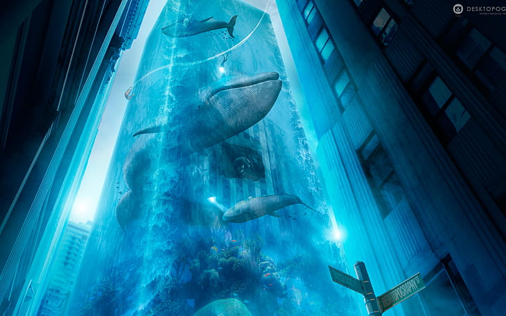 Aqua City HD, grey whale, city, creative, graphics, creative and graphics, aqua, HD wallpaper