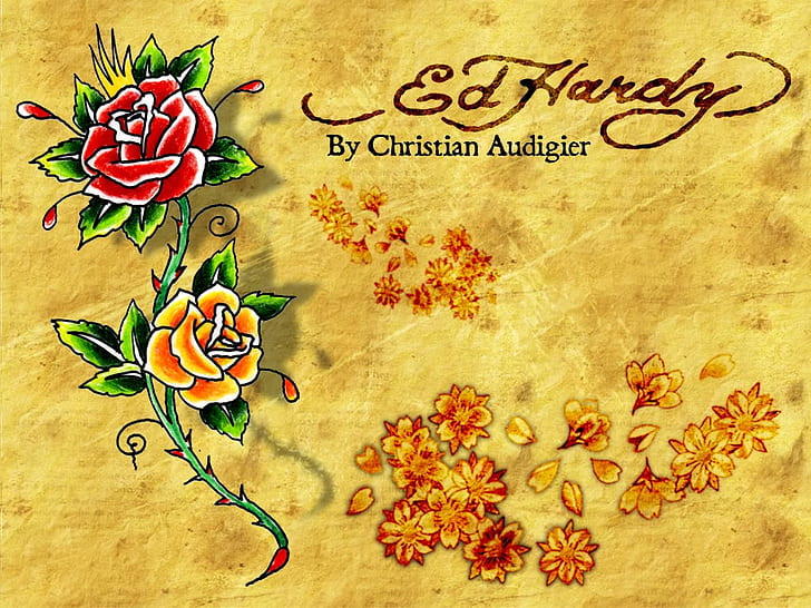 Эд Харди цветы Эд Харди Розы Абстракция Другое HD Art, красный, цветы, апельсин, розы, Эд Харди, HD обои