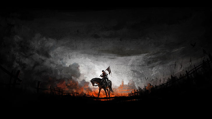 man riding horse wallpaper, person riding horse during night time, Kingdom Come: Deliverance, video games, horse, digital art, knight, artwork, banner, Warhorse Studios, HD wallpaper