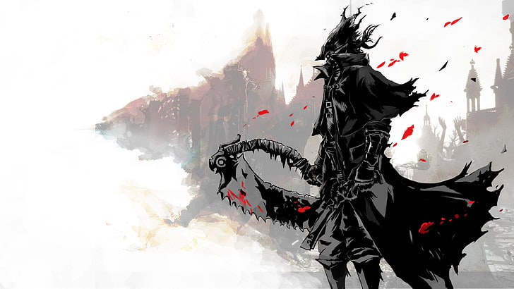 personnage animé tenant illustration de faux, sang, épée, chapeau, art, scie, manteau, chasseur, transmise par le sang, Fond d'écran HD