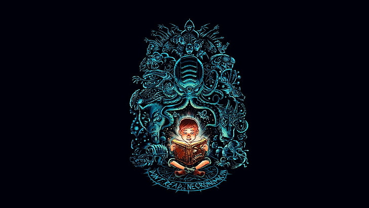 karya seni buku bacaan anak, H. P. Lovecraft, necronomicon, membaca, kartun, horor, minimalis, Cthulu, buku, Wallpaper HD