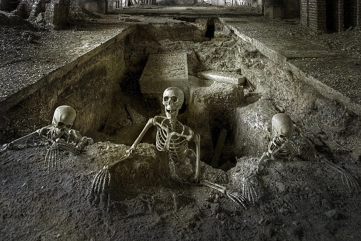 szara ilustracja szkieletu, grób, szkielet, Tapety HD