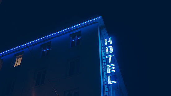 blå, hotell, neon, fönster, natt, cyan, neonglöd, mörk, HD tapet HD wallpaper