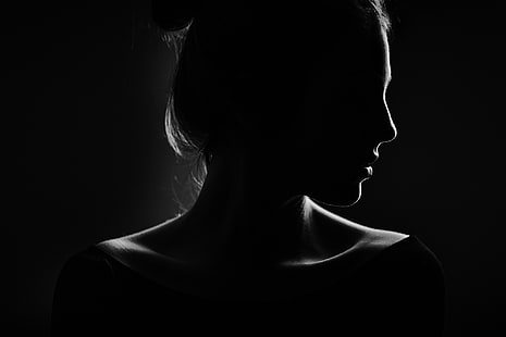 silueta de una mujer, niña, silueta, perfil, fondo negro, Fondo de pantalla HD HD wallpaper