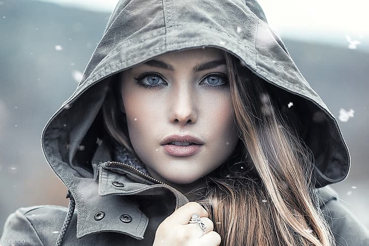 girl, long hair, photo, photographer, blue eyes, model, bokeh, lips, face, blonde, portrait, jacket, hood, mouth, close up, open mouth, looking at camera, depth of field, looking at viewer, Alessandro Di Cicco, April Slough, April Alleys, HD wallpaper