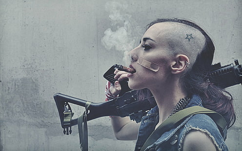 anarchia, brunetta, sigaro, cosplay, ragazza, pistola, punk, fucile, fumo, carro armato, urbano, arma, Sfondo HD HD wallpaper
