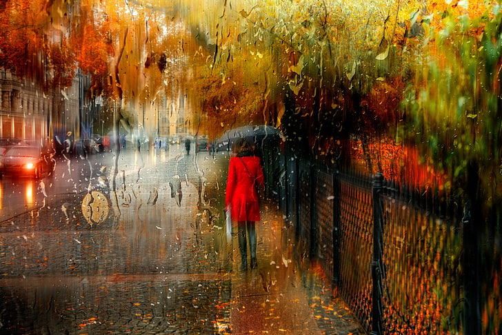 дамско червено тренчкот, есен, момиче, градът, дъжд, Санкт Петербург, Русия, HD тапет