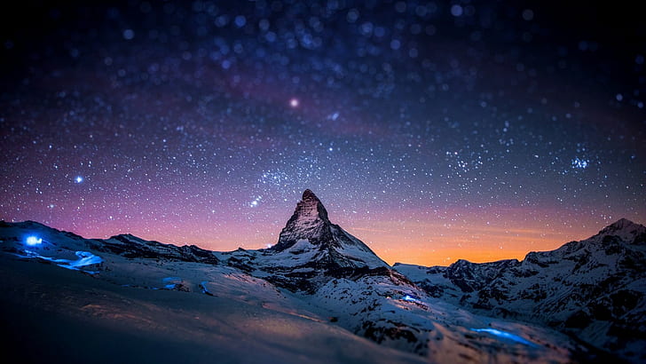 Zermatt, bokeh, pico nevado, cambio de inclinación, montañas, roca, noche estrellada, cielo, espacio, horizonte, Alpes suizos, nebulosa, naturaleza, nieve, paisaje, borrosa, puesta de sol, luces, estrellas, invierno, Suiza, Matterhorn, amanecer,noche, Fondo de pantalla HD